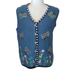 Vintage The Quacker Factory Women's Small Bee Sweater Vest Blue Knit Embroidered